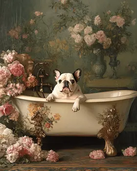 Bulldog in Bathtub - Pet Dog Still Life Wall Art Prints – 8″x10″ Artwork for 11″x14″ Frame