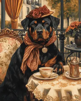 Lady Rottweiler at Paris Cafe - Pet Dog Still Life Wall Art Prints – 8″x10″ Artwork for 11″x14″ Frame