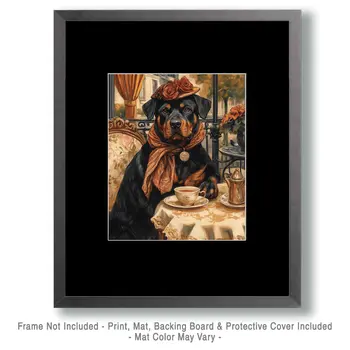 Lady Rottweiler at Paris Cafe - Pet Dog Still Life Wall Art Prints – 8″x10″ Artwork for 11″x14″ Frame