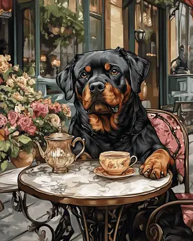 Rottweiler at Paris Cafe - Pet Dog Still Life Wall Art Prints – 8″x10″ Artwork for 11″x14″ Frame
