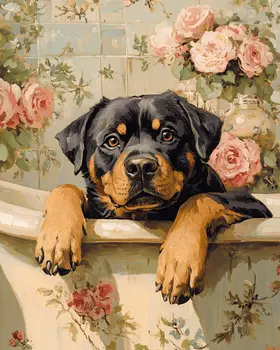 Rottweiler in Bathtub - Pet Dog Still Life Wall Art Prints – 8″x10″ Artwork for 11″x14″ Frame