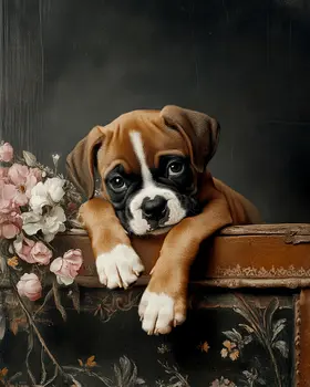 Sad Boxer Puppy - Pet Dog Still Life Wall Art Prints – 8″x10″ Artwork for 11″x14″ Frame