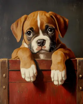 Boxer Puppy Over a Barrel - Pet Dog Still Life Wall Art Prints – 8″x10″ Artwork for 11″x14″ Frame
