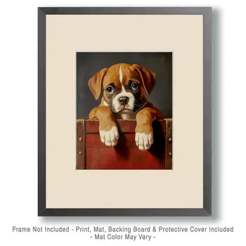 Boxer Puppy Over a Barrel - Pet Dog Still Life Wall Art Prints – 8″x10″ Artwork for 11″x14″ Frame