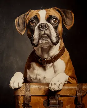Boxer Ready to Travel - Pet Dog Still Life Wall Art Prints – 8″x10″ Artwork for 11″x14″ Frame
