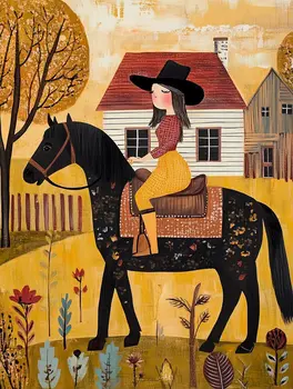 Sunday Ride Cowgirl Folk Art - Cowgirl and Cowboy Folk Art Prints  8"x10" Artwork for 11"x14" Frame