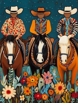 Three Cowboys at Twilight Folk Art - Cowgirl and Cowboy Folk Art Prints  8"x10" Artwork for 11"x14" Frame