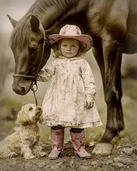 Little Cowgirl Showing Her Dog and Horse – Vintage Cowgirl Photos – 8″x10″ Artwork in 11″x14″ Mat