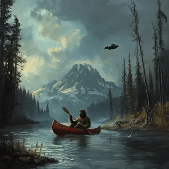 Bigfoot Canoeing under Alien Space Ship - Bigfoot and Alien Wall Art Prints – 8″x10″ Artwork in 11″x14″ Mat