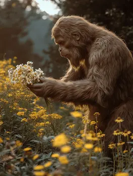 Bigfoot Holding Bouquet - Bigfoot and Sasquatch Wall Art Prints – 8″x10″ Artwork in 11″x14″ Mat