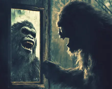 Bigfoot Seeing Himself - Bigfoot and Sasquatch Wall Art Prints – 8″x10″ Artwork in 11″x14″ Mat