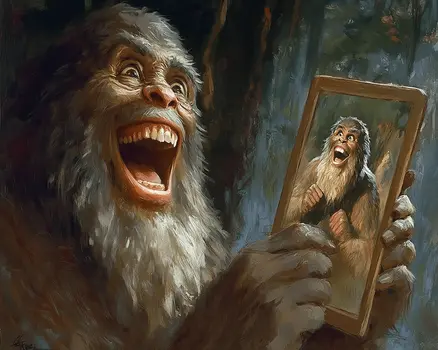 Bigfoot Seeing Himself - Bigfoot and Sasquatch Wall Art Prints – 8″x10″ Artwork in 11″x14″ Mat