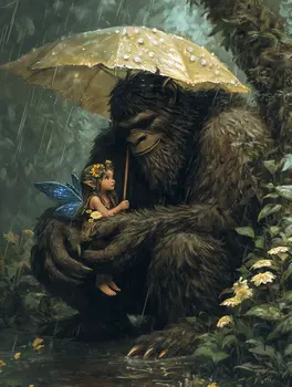 Bigfoot Shielding a Fairy From Rainfall Wall Art Prints – 8″x10″ Artwork in 11″x14″ Mat