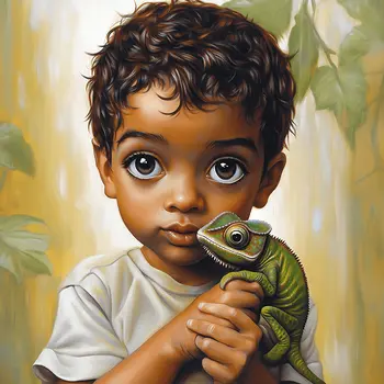 Little Boy with Chameleon Pet: Big Eyes, Low Brow, High Brow Art Wall Prints 8"x10" for 11" x 14" Frames