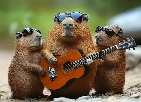 Capybara Family Band Wall Art Prints – 8″x10″ Artwork in 11″x14″ Mat