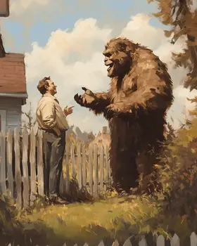 Bigfoot Chatting with Neighbor - Monster Art Prints – 8″x10″ Artwork for 11″x14″ Frame