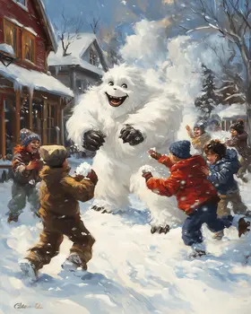Yeti in a Snowball Fight - Monster Art Prints – 8″x10″ Artwork for 11″x14″ Frame