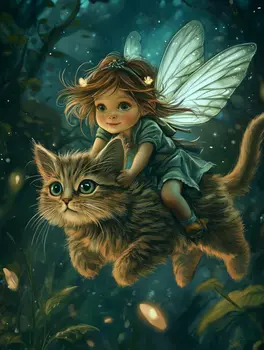 Baby Fairy Riding a Kitten - Fairies Wall Art Prints – 8″x10″ Artwork for 11″x14″ Frame