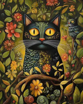 Folk Art Black Cat in the Secret Garden - Folk Art Prints – 8″x10″ Artwork in 11″x14″ Mat
