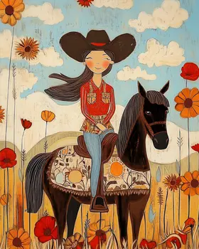 Cowgirl Riding in Flower Field - Folk Art Prints – 8″x10″ Artwork in 11″x14″ Mat