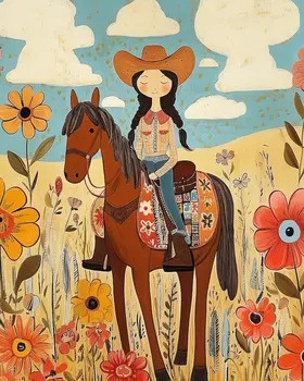 Folk Art Cowgirl Flower Power - Folk Art Prints – 8″x10″ Artwork in 11″x14″ Mat