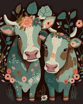 Folk Art Flower Cows - Folk Art Prints – 8″x10″ Artwork in 11″x14″ Mat