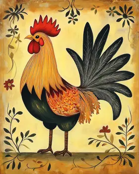 Folk Art Golden Rooster - Folk Art Prints – 8″x10″ Artwork in 11″x14″ Mat
