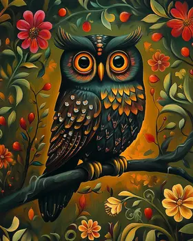 Folk Art Midnight Owl - Folk Art Prints – 8″x10″ Artwork in 11″x14″ Mat