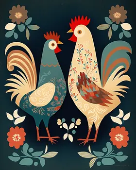 Folk Art Midnight Roosters - Folk Art Prints – 8″x10″ Artwork in 11″x14″ Mat