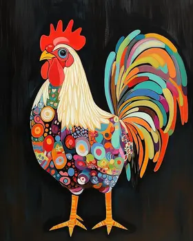 Folk Art Rainbow Rooster - Folk Art Prints – 8″x10″ Artwork in 11″x14″ Mat