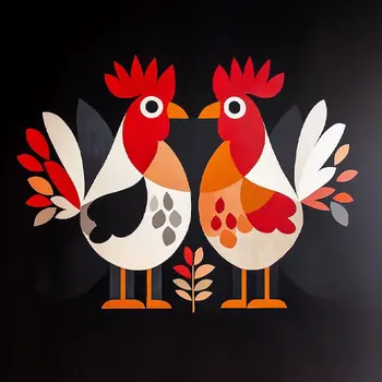 Folk Art Rooster Gossip - Folk Art Prints – 8″x10″ Artwork in 11″x14″ Mat