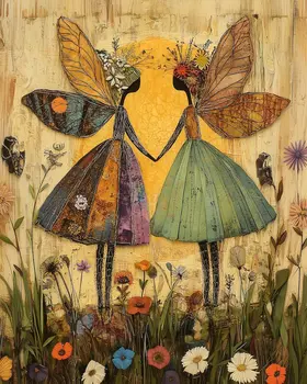 Folk Art Twin Fairies - Fairy Folk Art Prints – 8″x10″ Artwork in 11″x14″ Mat