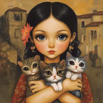Spanish Girl Loves Her Cats: Big Eyes, Low Brow, High Brow Art Wall Prints 8"x10" for 11" x 14" Frames