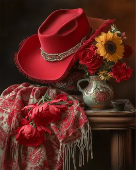 Red Cowgirl Still Life - Vintage Southwestern Decor Art Prints – 8″x10″ Artwork in 11″x14″ Mat