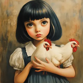 Little Farm Girl And Pet Hens: Big Eyes, Low Brow, High Brow Art Wall Prints 8"x10" for 11" x 14" Frames