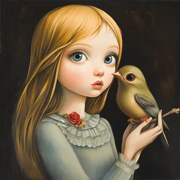 Wide Eyed Little Girl and Foundling Bird: Big Eyes, Low Brow, High Brow Art Wall Prints 8"x10" for 11" x 14" Frames
