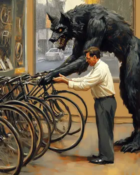 Chupacabra Buys A Bike - Monsters in Everyday Life Art Prints – 8″x10″ Artwork for 11″x14″ Frame