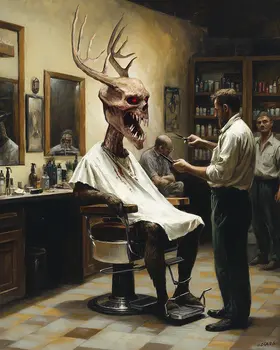 Wendigo at the Barber Shop - Monsters in Everyday Life Art Prints – 8″x10″ Artwork for 11″x14″ Frame