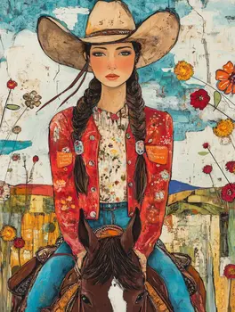 Wispy Haired Folk Art Cowgirl - Cowgirl and Cowboy Folk Art Prints  8"x10" Artwork for 11"x14" Frame