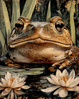 Frog in Lotus Pond - Wildlife Wall Art Prints – 8″x10″ Artwork for 11″x14″ Frame