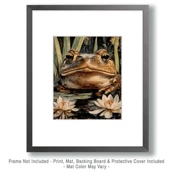 Frog in Lotus Pond - Wildlife Wall Art Prints – 8″x10″ Artwork for 11″x14″ Frame