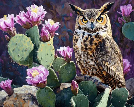 Great Horned Owl Desert Flora #1 - Wildlife Wall Art Prints – 8″x10″ Artwork for 11″x14″ Frame