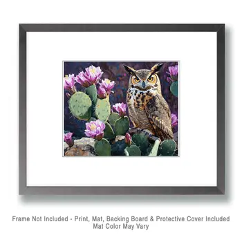 Great Horned Owl Desert Flora #1 - Wildlife Wall Art Prints – 8″x10″ Artwork for 11″x14″ Frame