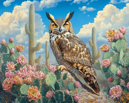 Great Horned Owl Desert Flora #2 - Wildlife Wall Art Prints – 8″x10″ Artwork for 11″x14″ Frame
