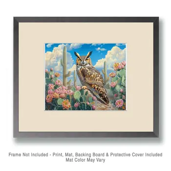 Great Horned Owl Desert Flora #2 - Wildlife Wall Art Prints – 8″x10″ Artwork for 11″x14″ Frame