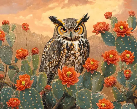 Great Horned Owl Desert Flora #3 - Wildlife Wall Art Prints – 8″x10″ Artwork for 11″x14″ Frame