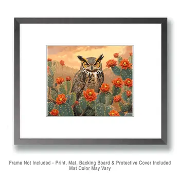Great Horned Owl Desert Flora #3 - Wildlife Wall Art Prints – 8″x10″ Artwork for 11″x14″ Frame