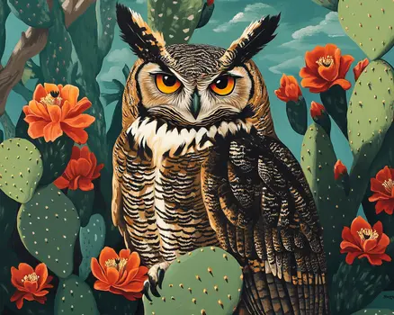 Great Horned Owl Desert Flora #4 - Wildlife Wall Art Prints – 8″x10″ Artwork for 11″x14″ Frame
