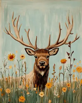 Folk Art Elk in Wildflower Field - Wildlife Wall Art Prints – 8″x10″ Artwork for 11″x14″ Frame