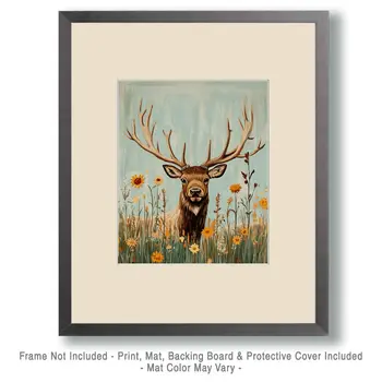 Folk Art Elk in Wildflower Field - Wildlife Wall Art Prints – 8″x10″ Artwork for 11″x14″ Frame